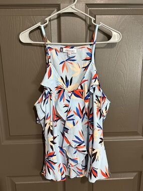 Jennifer Lopez Light Blue Tropical Print Ruffle Cold-Shoulder Camisole